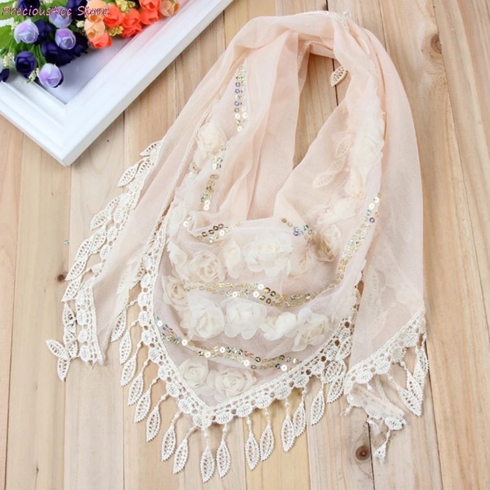 Beige Women Tassel Shawls And Scarves Silk Flower Lace Triangle Pendant